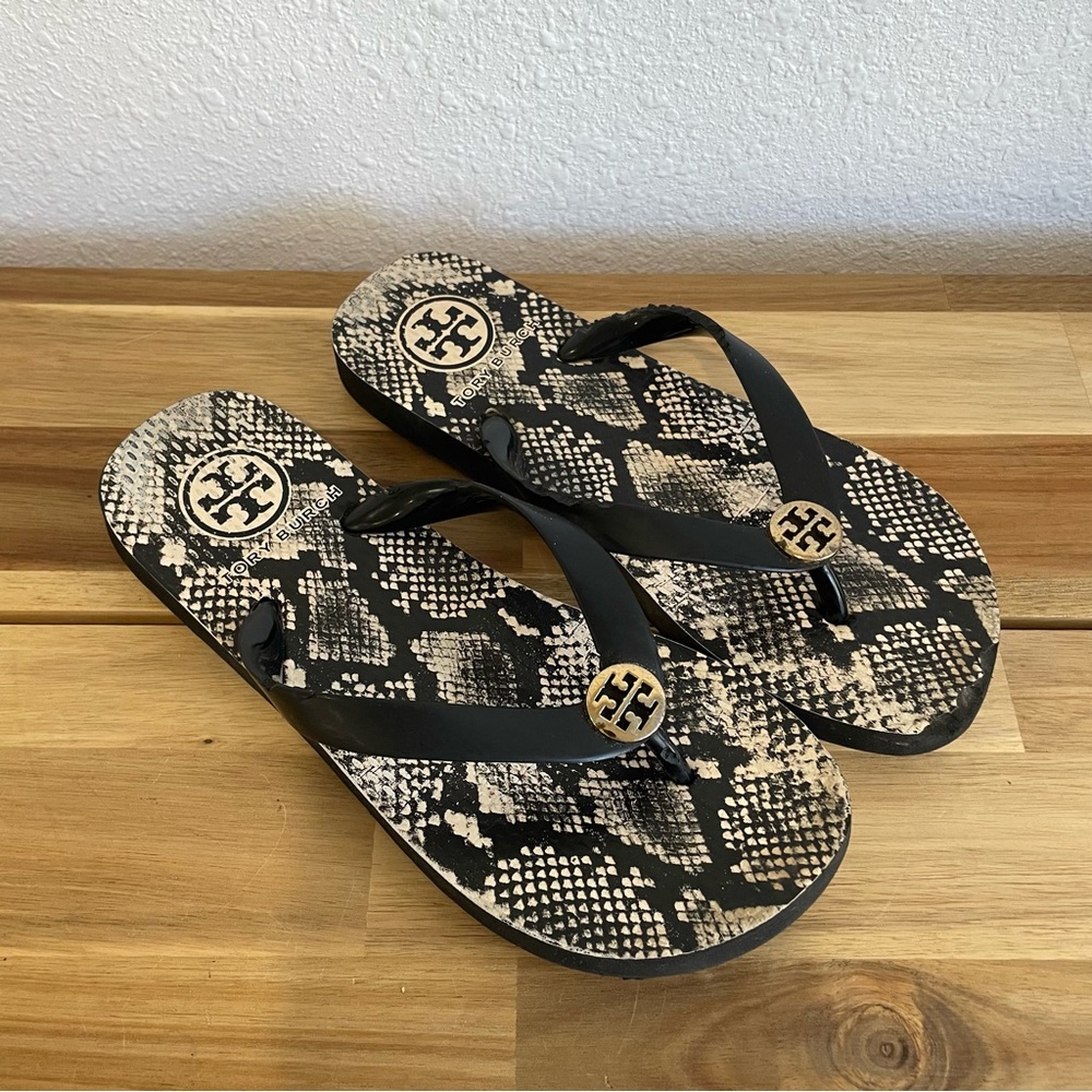Tory Burch Classic Snake Reptile Black Thong Flip Flop Sandals Size 5